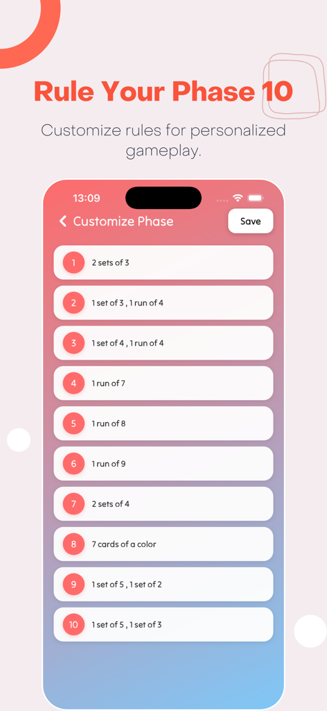 Phase 10 Scoreboard - Phase 10 Scoreboard mobile app screen for customizing game phases and rules