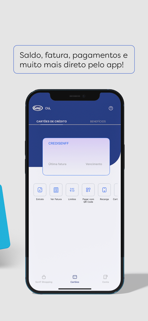 Painel do aplicativo Senff Clientes mostrando opções de cartão de crédito e recursos da conta