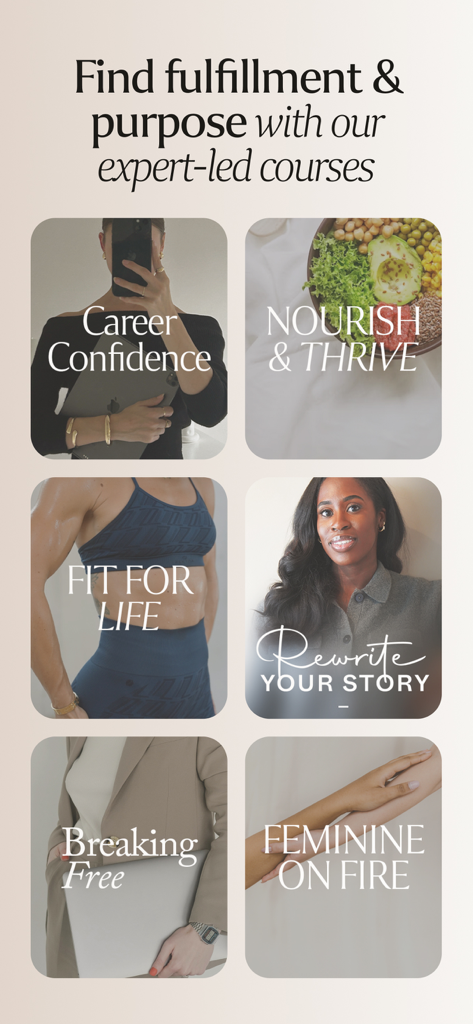 Un menú de cursos de estilo de vida y mentalidad dirigidos por expertos dentro de la aplicación WeRise, incluyendo Confianza Profesional y Nutrirse y Prosperar.