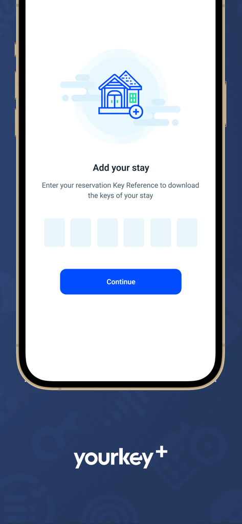 YourKey Plus - YourKey Plus app interface showing the add your stay screen where users enter a reservation key reference to download digital keys.