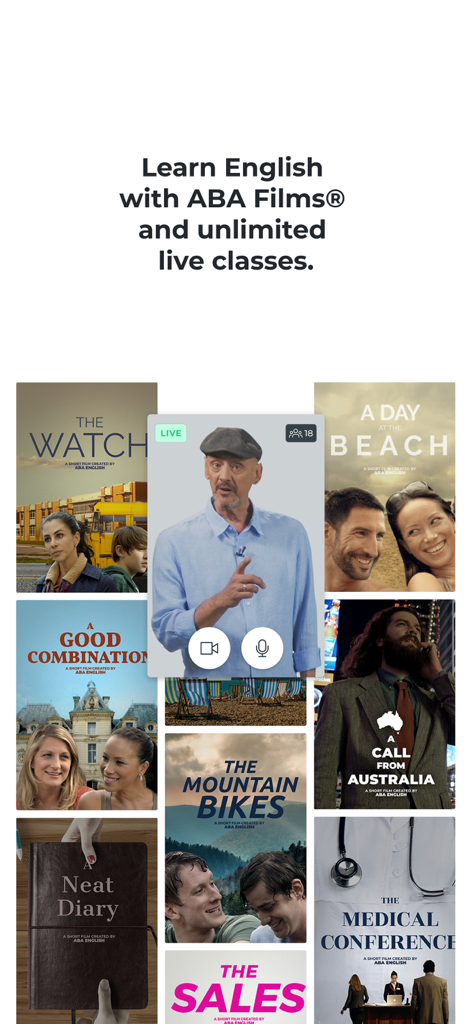 ABA English - Learn English - ABA Englishアプリのインターフェース。学習用短編映画と、教師とのライブグループクラスが表示されています。