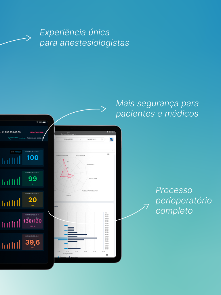 AxReg - AxReg anesthesiology app interface on an iPad showing clinical vitals and professional productivity dashboards.