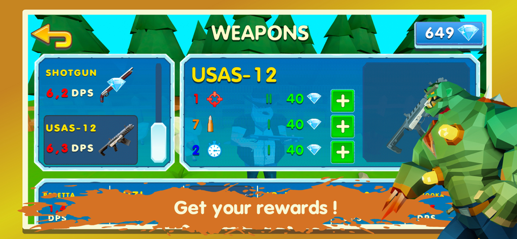 Two Guys And Zombies 3D - Two Guys and Zombies 3D weapon upgrade menu showing shotgun and USAS-12 stats with diamond rewards
