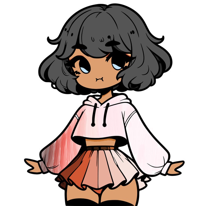cute femboy with short, fluffy hair that softly frames their face, wearing a cropped hoodie, paired with a flouncy short skirt, and thigh-high stockings