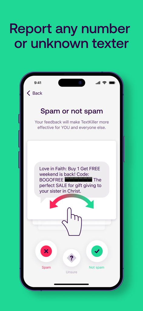 Textkiller app interface showing a swipe-to-report feature for classifying spam text messages.