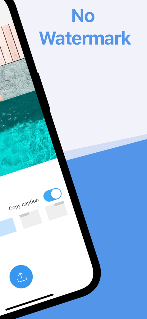 Reshare app interface showing no watermark and copy caption features for Instagram posts
