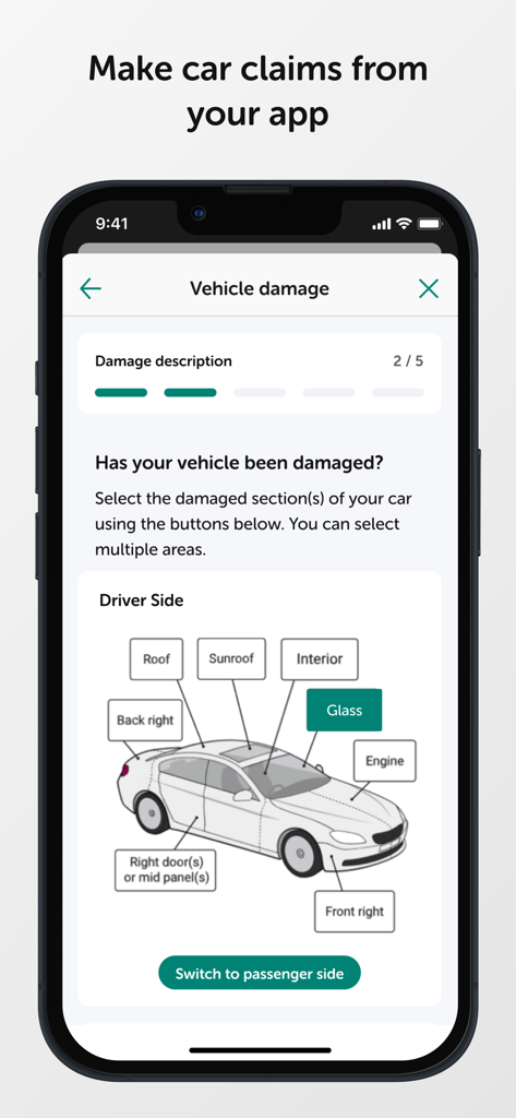 AMI mobile app screen showing a vehicle diagram to select damaged parts for a car insurance claim