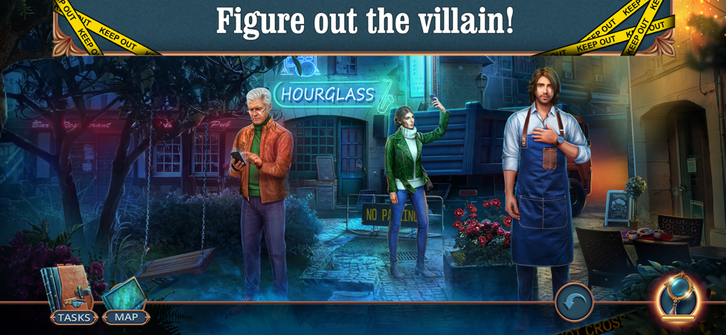 Unsolved Case: Episode 3 - F2P - Captura de tela do jogo de detetive mostrando três suspeitos em uma cena de rua da cidade com um prompt para descobrir o vilão