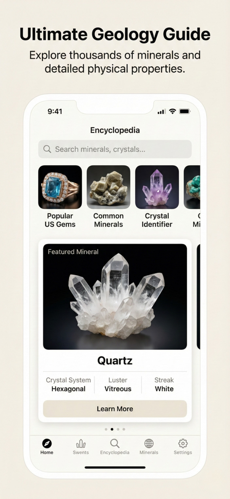 RockIn Rock & Mineral identify - Pantalla de la enciclopedia de la aplicación RockIn que muestra las propiedades detalladas de un cristal de cuarzo