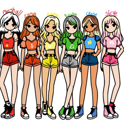 a group of girls wearing crop tops and shorts
