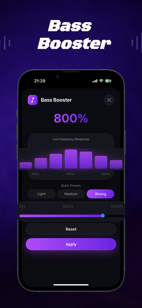 Louder Volume Booster: Amplify - Smartphone screen showing the Bass Booster interface of the Louder app with an 800 percent amplification level and low frequency settings.