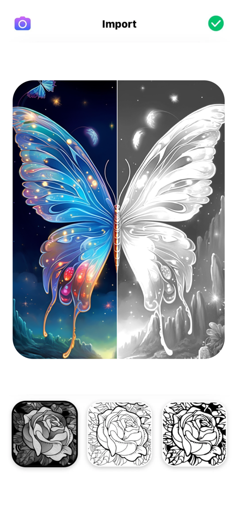 InColor: Coloring & Drawing - Un écran montrant une image de papillon convertie d'une photo colorée en un dessin au trait en noir et blanc pour le coloriage avec diverses options de style.