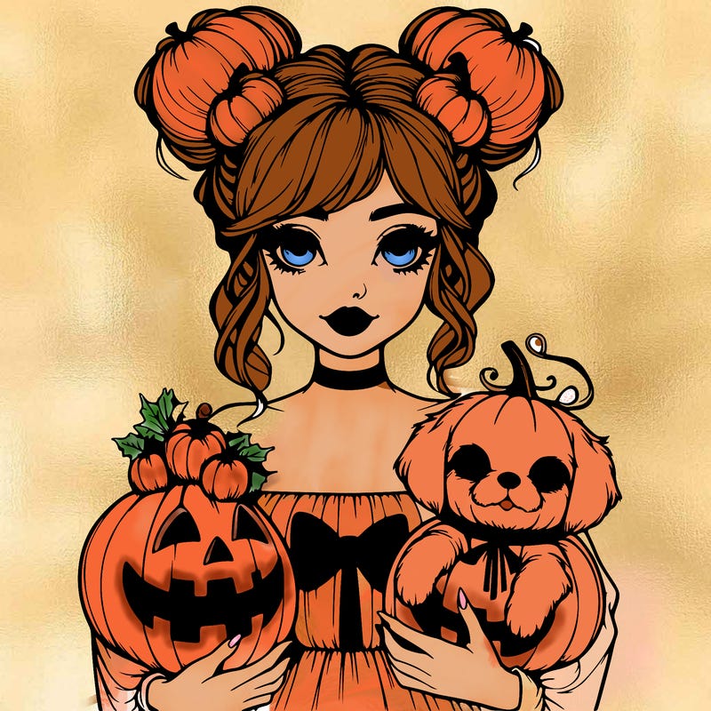 halloween girl with pumpkin buns and a pumpkin top with pumpkin dog in her arms realistic