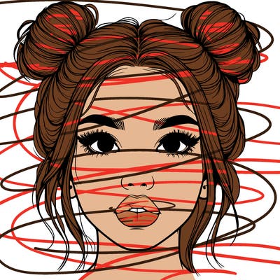 realistic girl with two buns on her hair and lips