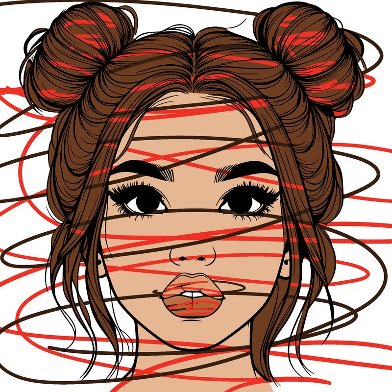 realistic girl with two buns on her hair and lips