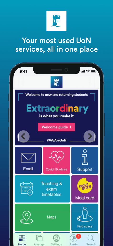 MyNottingham - MyNottingham app home screen showing a grid of student services such as email, timetables, maps, and meal card balances