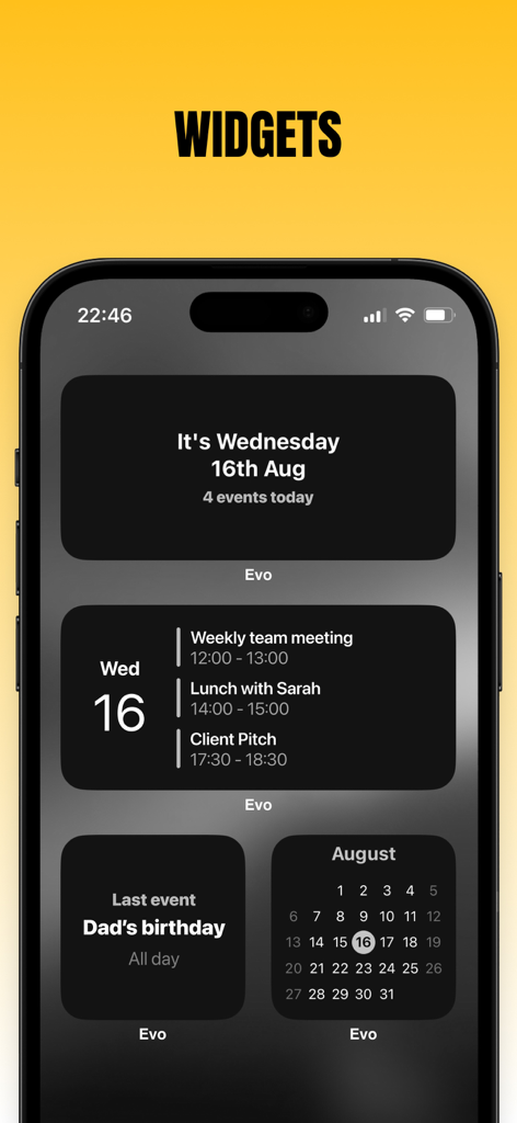 Evo - The Everything App - iPhone screen showing various dark mode calendar and productivity widgets for Evo app