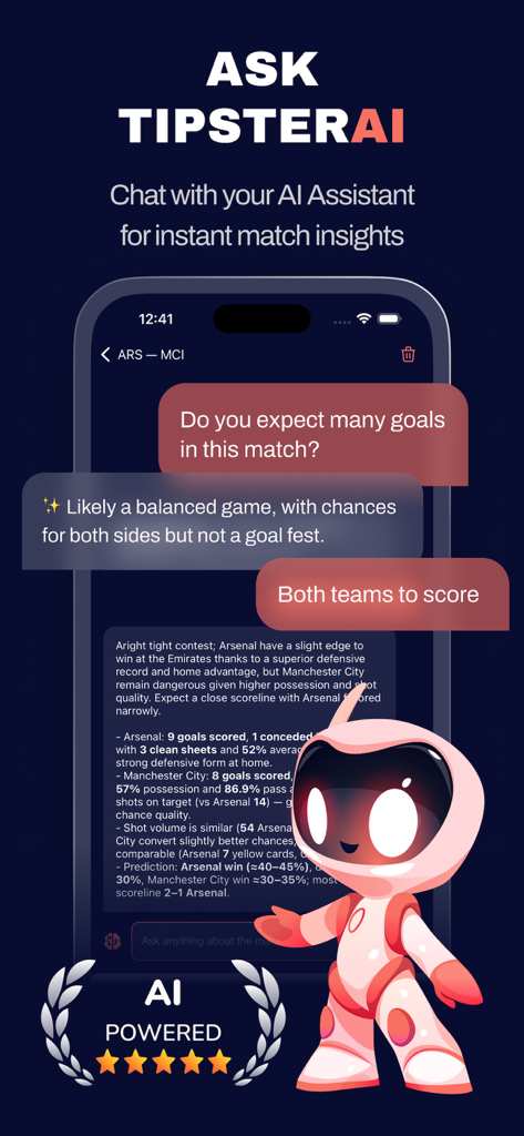 Tipster AI: Sports Predictions - Tipster AI mobile app interface showing an AI assistant providing sports predictions and match insights