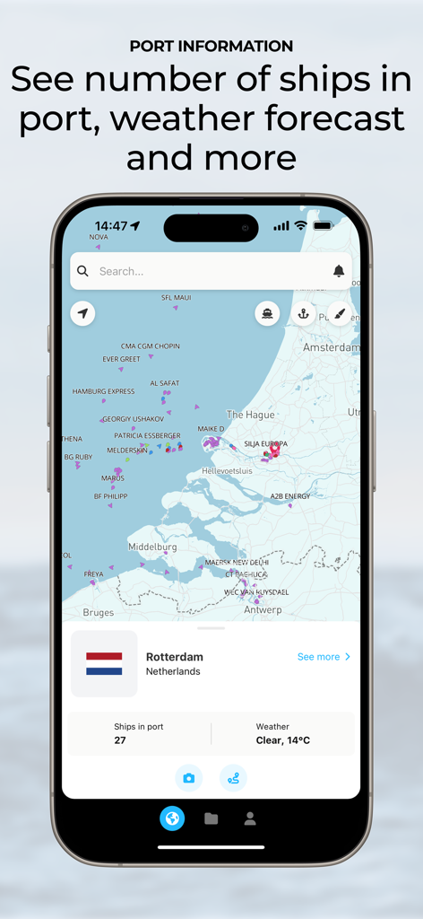 ShipAtlas - Ship Tracker - ShipAtlas app interface showing live port information for Rotterdam with ship counts and weather forecast on a map