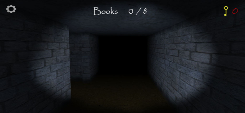 Gameplay screenshot of Slendrina The Cellar showing a dark brick corridor illuminated by a flashlight