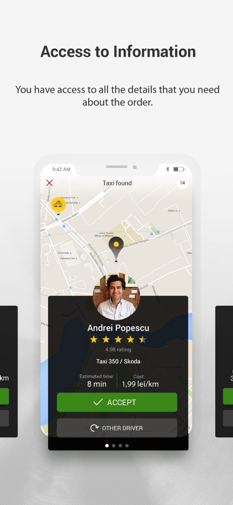 App mobile Star Taxi che mostra i dettagli dell'autista, inclusi nome, valutazione, tempo stimato e tipo di auto su una mappa