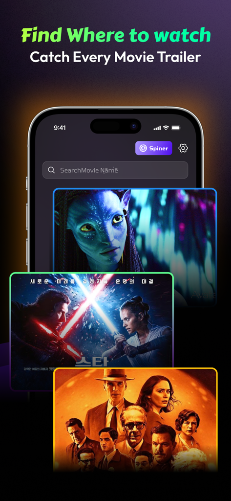Interfaz de la aplicación Moviebox que muestra una barra de búsqueda y tráilers de películas populares como Avatar y Star Wars