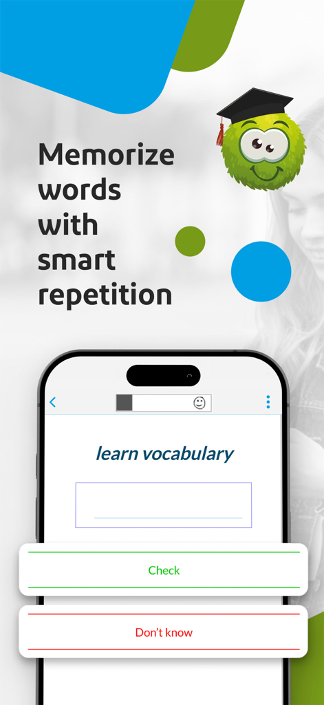 Learn vocabulary with Wozzol - Capture d'écran de l'application Wozzol montrant l'interface de mémorisation du vocabulaire avec répétition intelligente
