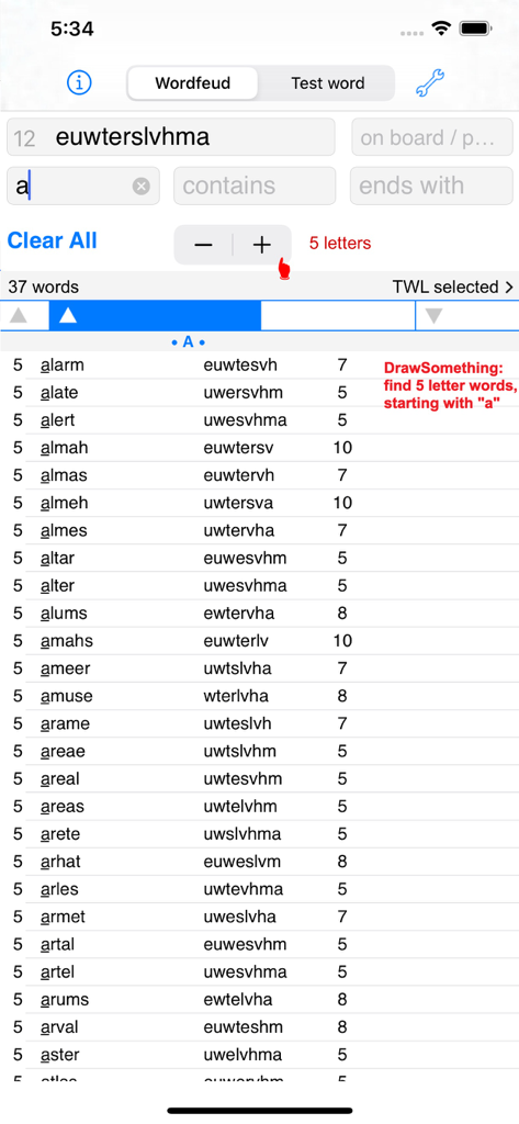 Words Finder Wordfeud/TWL - A screenshot of the Words Finder app showing a list of five letter words starting with a for Wordfeud players