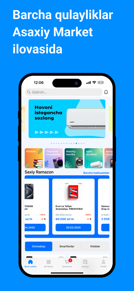 Asaxiy Market - Asaxiy Market app home screen displaying electronics and book categories
