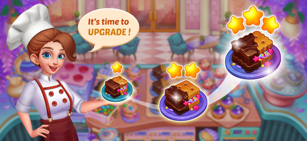 Cooking Time: Cooking Game - Un personaje de chef femenino mostrando un postre siendo mejorado a tres estrellas en una pastelería.
