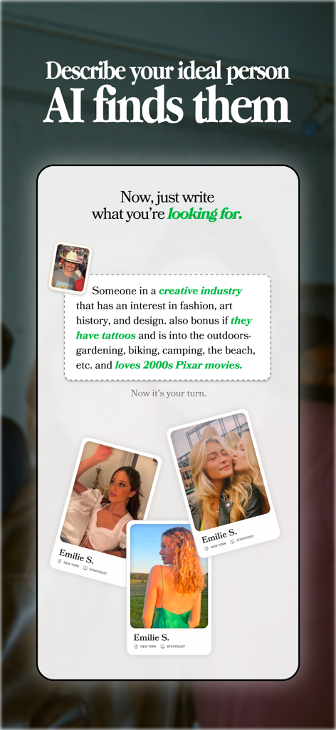 A screenshot showing the Cuffed dating app AI feature that finds matches based on detailed descriptions of an ideal partner