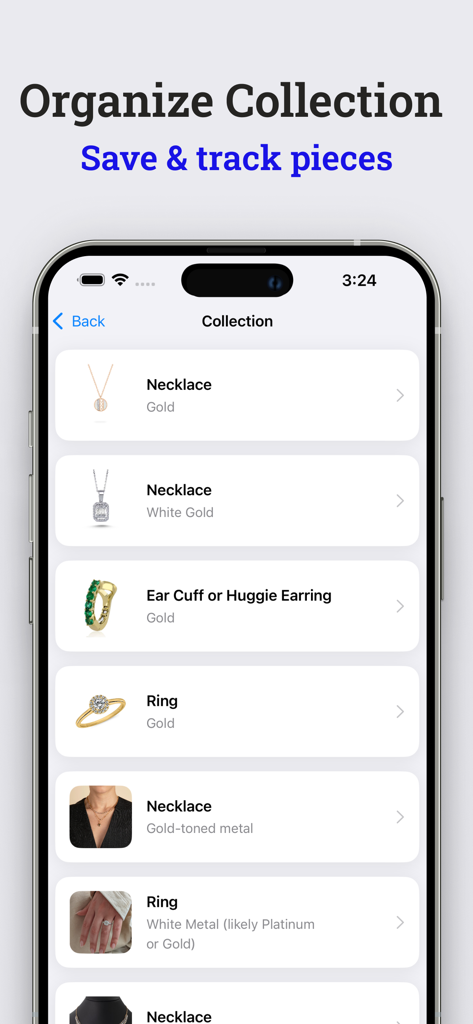 Jewelry Identifier: Gemstone ° - Captura de pantalla de la aplicación Identificador de Joyas mostrando una colección organizada de piezas de joyería guardadas, incluyendo collares, anillos y pendientes