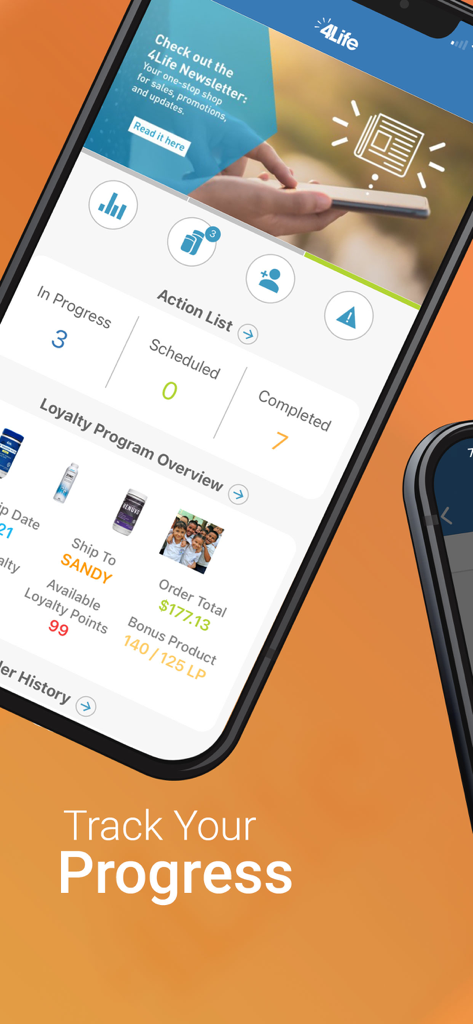 4Life - 4Life 앱 대시보드가 비즈니스 진행 상황 추적 및 로열티 프로그램 개요를 보여줍니다.