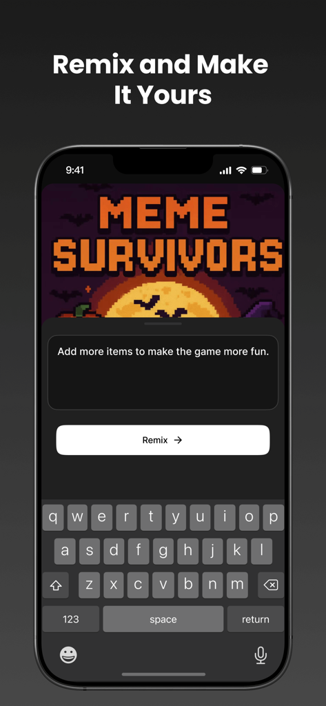 Aippy: Make and Play - Interfaz móvil de la aplicación Aippy que muestra a un usuario remezclando un juego de arte pixelado llamado Meme Survivors con instrucciones de texto.