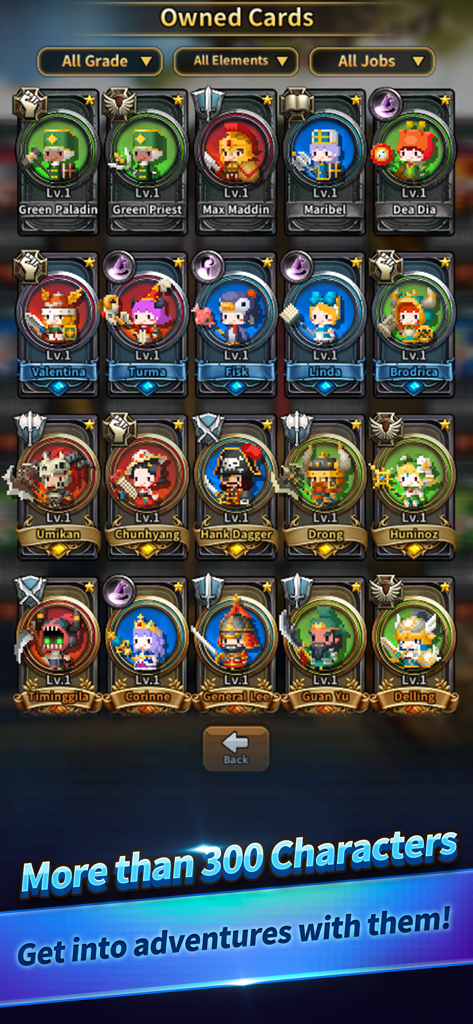 A screen from Triple Fantasy showing a large collection of pixel art hero cards with unique names and abilities