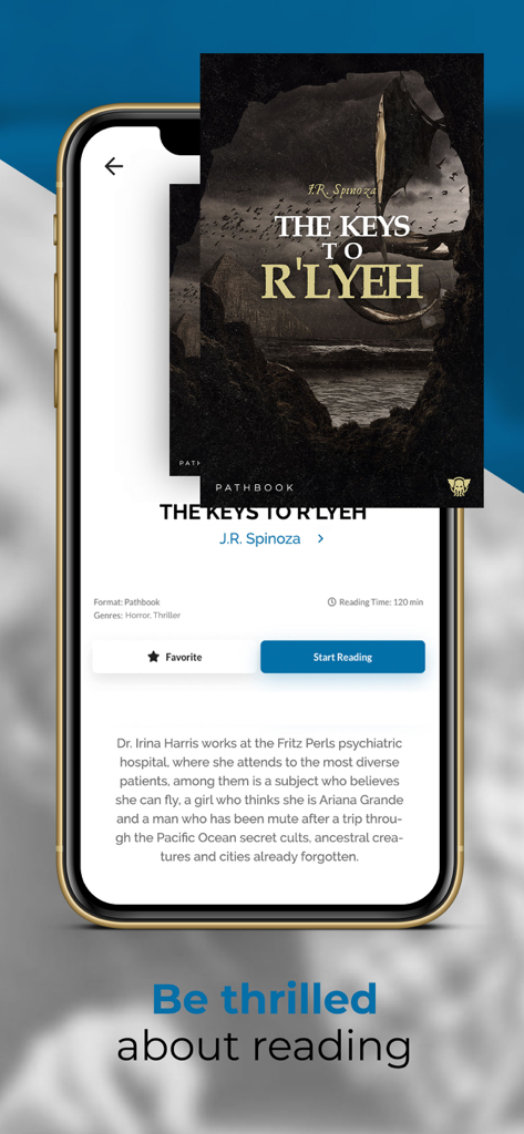 Pathbooks Stories & Audiobooks - Schermata di uno smartphone che mostra la storia horror Le Chiavi di R'lyeh sull'app di lettura interattiva Pathbooks