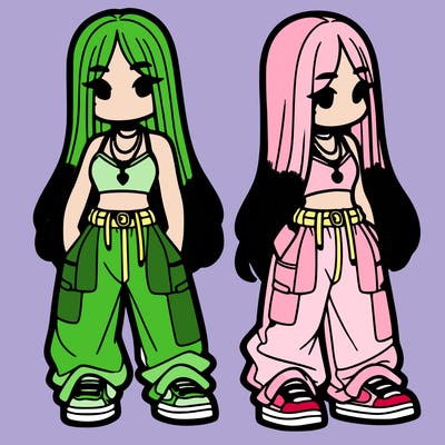 girl in baggy pants crop top and long hair