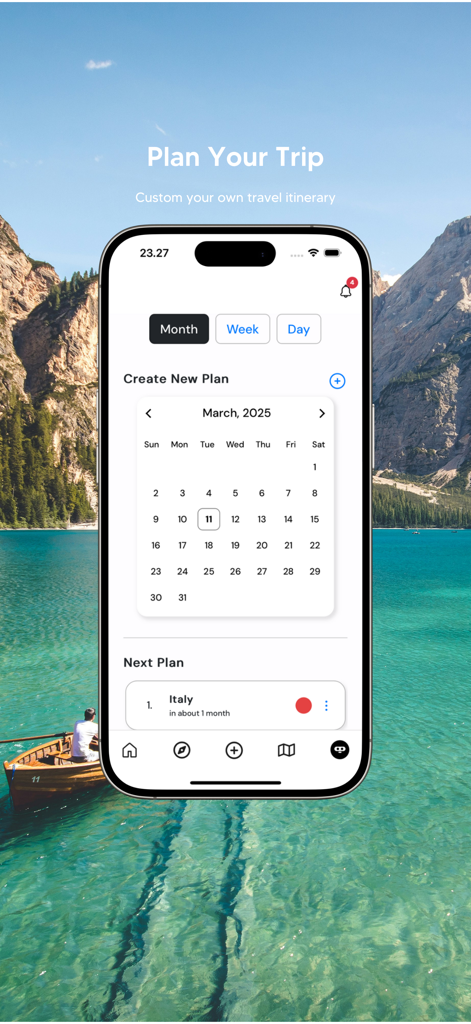 Un smartphone mostrando la pantalla de planificación de itinerarios de la aplicación de viajes Bipi con un calendario y un viaje guardado a Italia sobre un pintoresco lago de montaña.