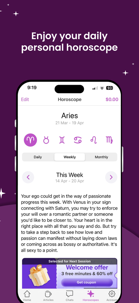 Zodiac Psychics: Tarot Reading - Weekly Aries horoscope text and welcome offer on the Zodiac Psychics mobile app.