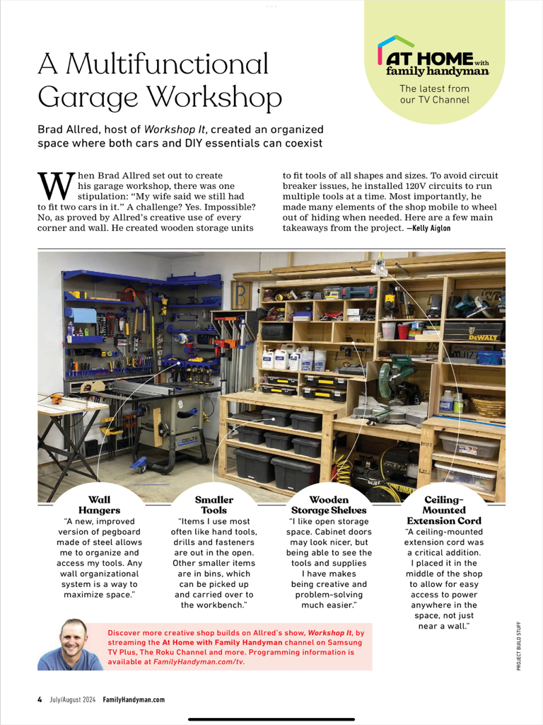The Family Handyman - Uma oficina de garagem organizada com armazenamento de ferramentas e prateleiras, como apresentado na revista The Family Handyman.