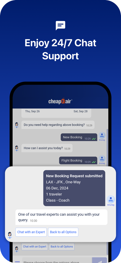CheapOair mobile app showing 24/7 chat support for travel bookings