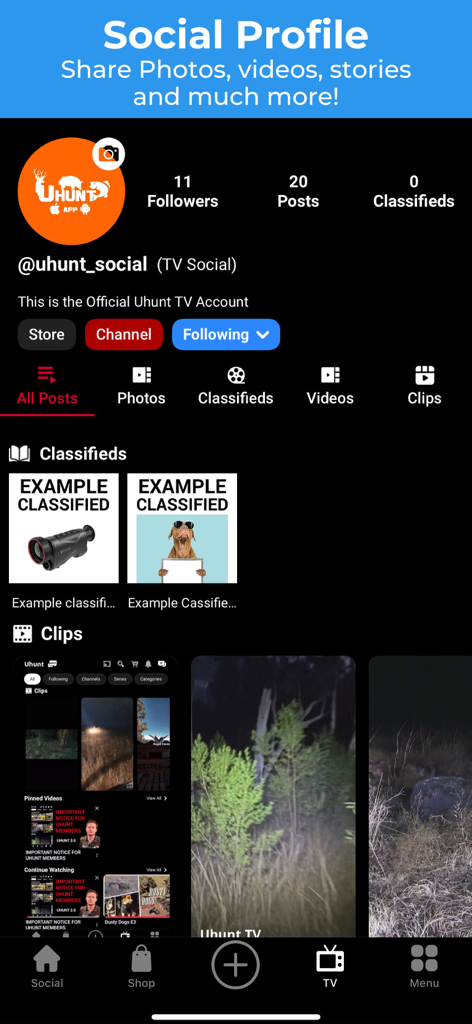 Uhunt 2.0 - Screenshot of the Uhunt 2.0 social profile page showing follower stats, posts, classifieds, and video clips