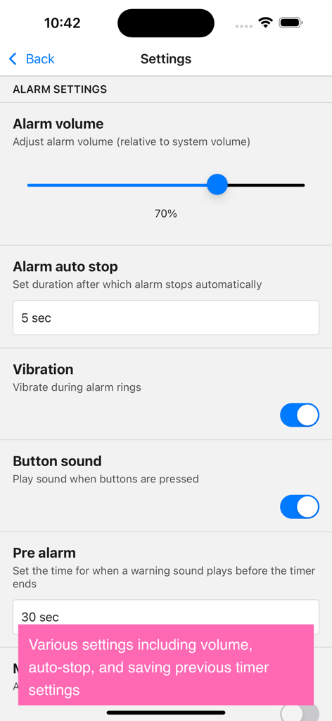 Kitchen Timer+ - Alarm settings screen in the Kitchen Timer plus app featuring volume control, vibration, and pre-alarm options.