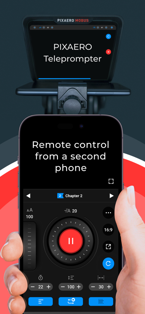 SUFLER.PRO - A hand holding a smartphone acting as a remote control for a professional teleprompter setup using the SUFLER.PRO app.