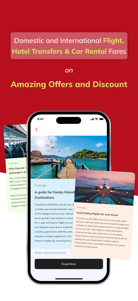 Travomint Flight, Hotels & Car - Travomint app interface displaying travel guides and articles about family friendly destinations and flight booking tips