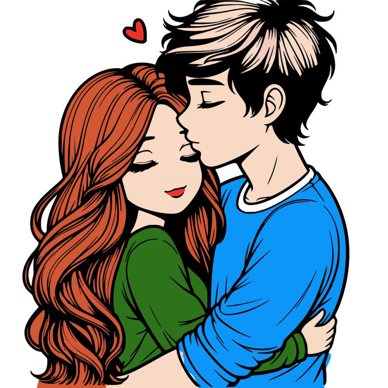 a realistic couple boy and girl hugging and kissing