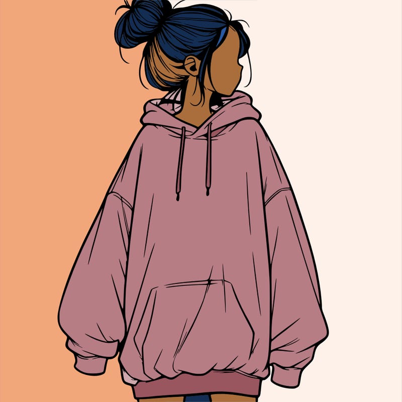 realistic girl with a oversized sweatshirt on and a bun