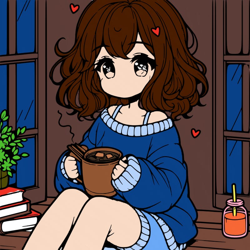 cute anime girl reading book and drinking hot chocolate from mug with loose wavy hair wearing a baggy sweatshirt and shorts sitting by windowsill looking out