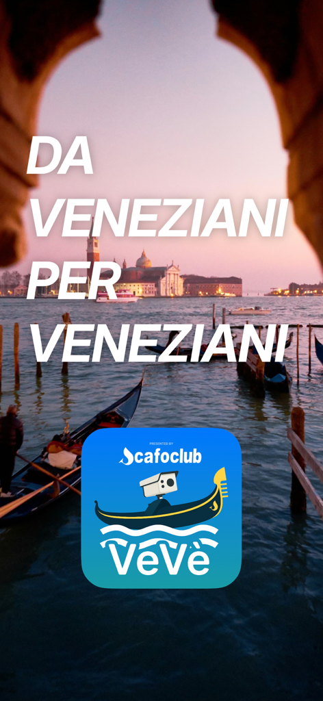 VeVè - Pantalla de presentación de la aplicación de navegación VeVe de Venecia mostrando una vista panorámica de la laguna de Venecia y el logo de la aplicación.