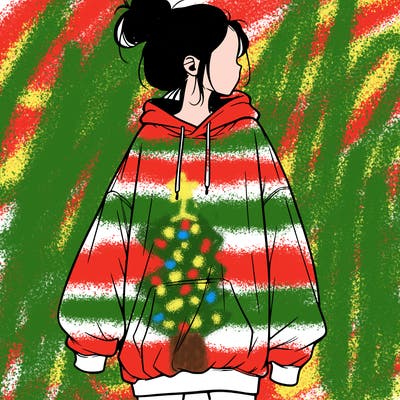 realistic girl with a oversized sweatshirt on and a bun